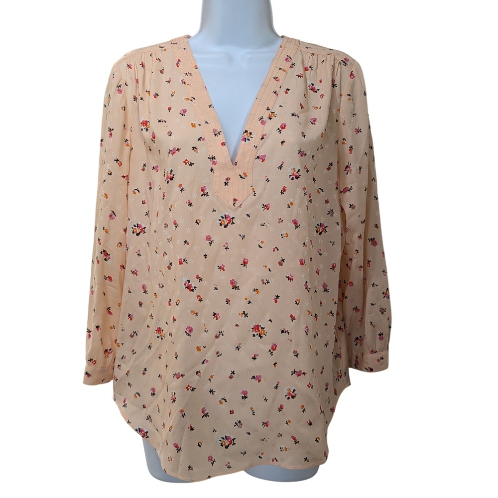 Rebecca Taylor Peach Floral Cottagecore Silk V-Neck Pleated Back Blouse Size 6
